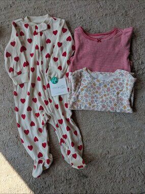 Bundle (3) NWT 6m Baby Girls Carters Lot Sleeper, Onesie, Long Sleeve